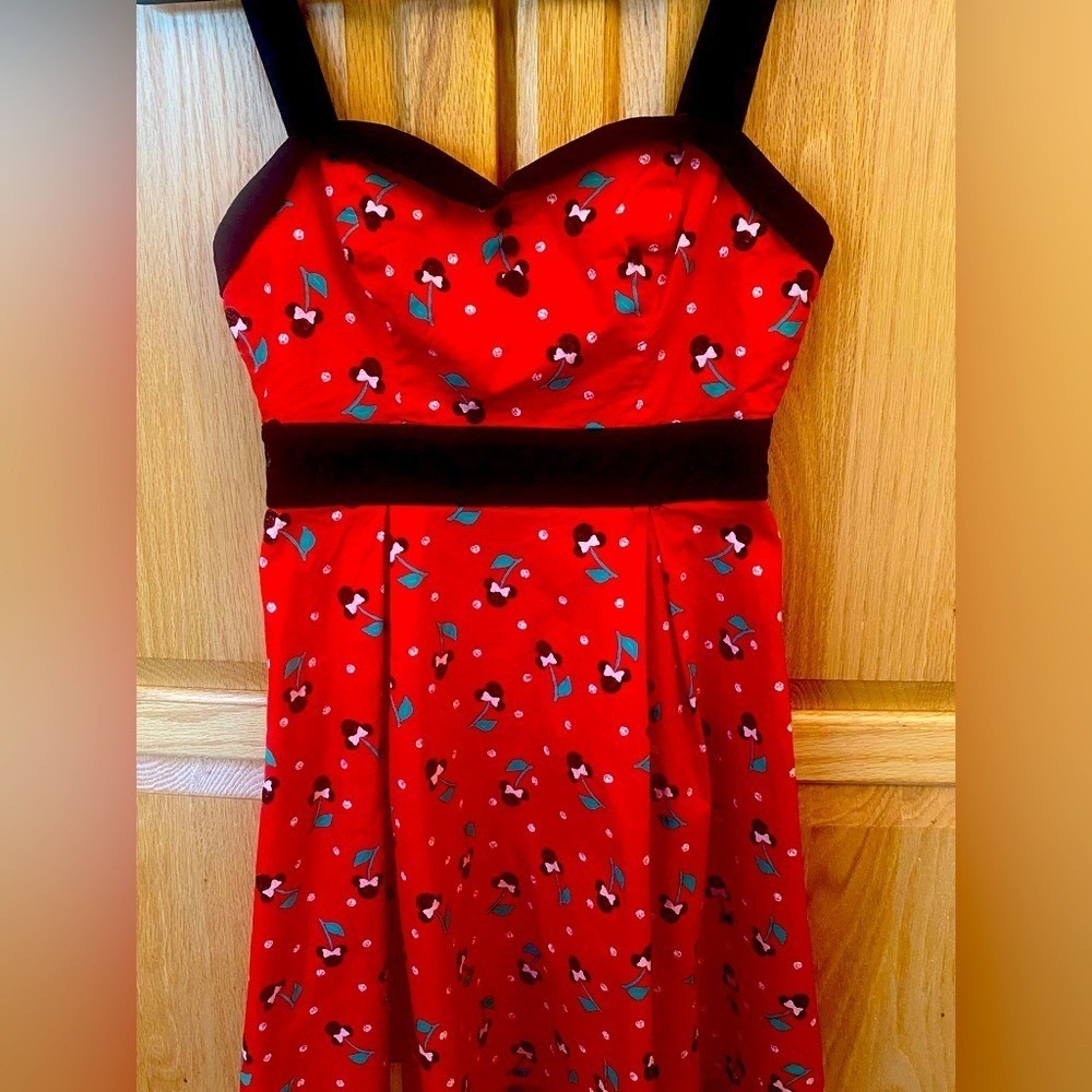 Disney Strapless Red Cherry-Print Dress with Black Trim